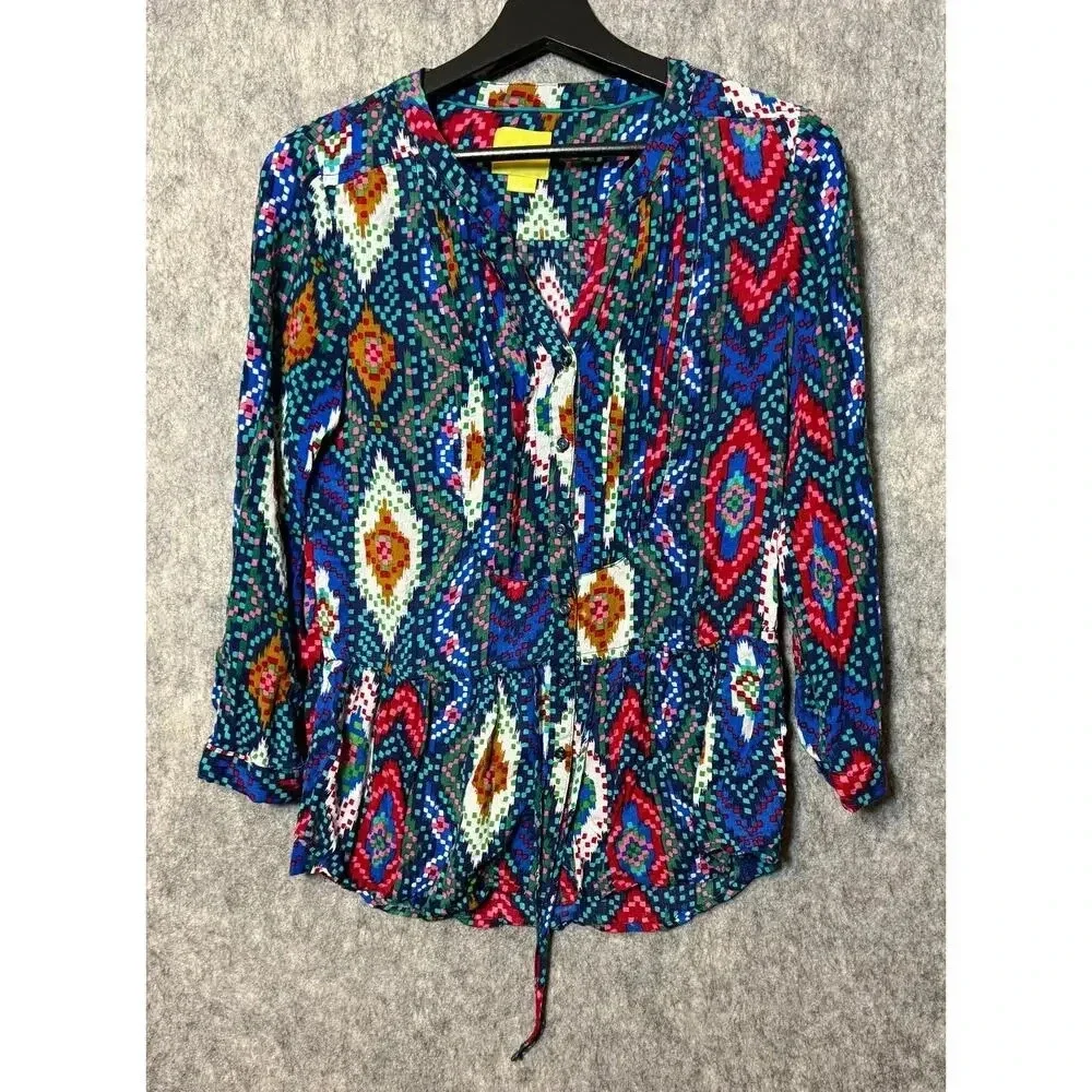 Anthropologie Maeve Topoxe Dropwaist Ikat Blouse Drawstring Waist | Women's 4